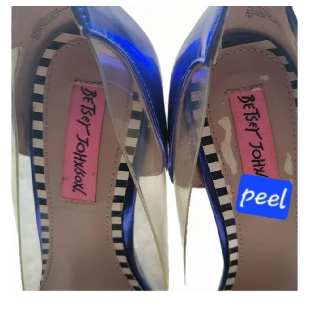 Betsey Johnson Metallic Blue Pointed Heels with Pink Floral Gems - Picture 2 of 4